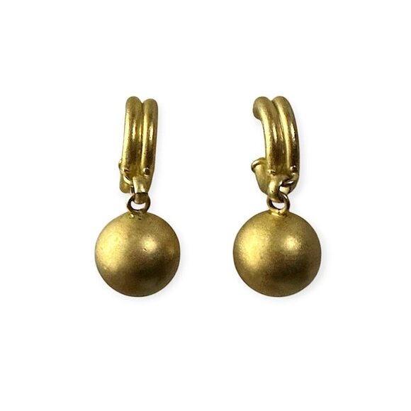 Gold Tone Drop Hoop Earrings with Dangling Balls, Vintage 1980s, - Picture 1 of 5